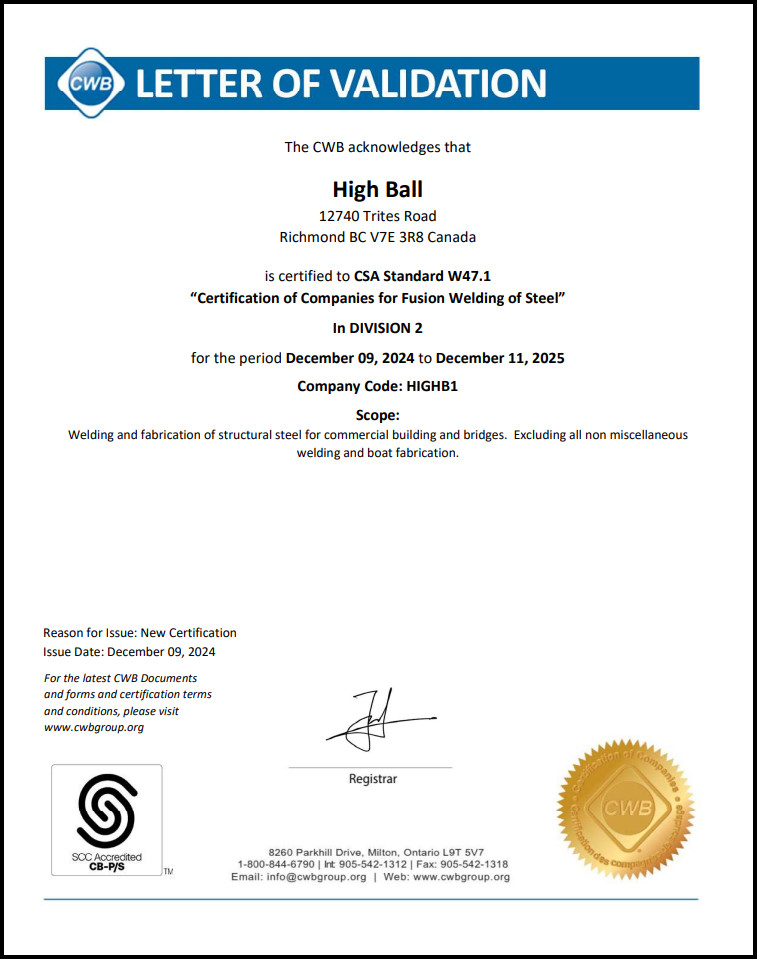 High Ball Contracting CWB CSA W47.1 Division 2 Certification