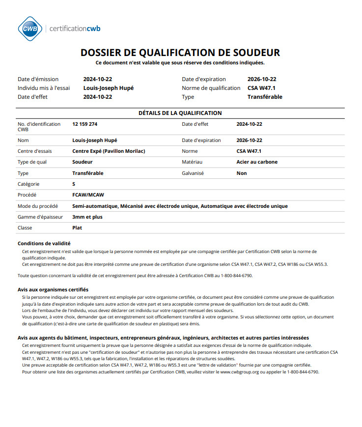 CWB Transferable Welder Qualification FCAW Carbon Steel