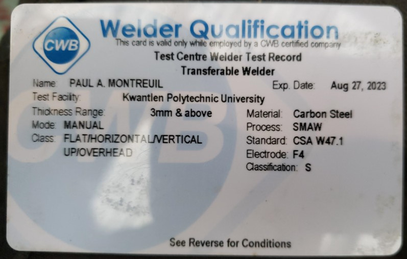 Paul Montreuil CWB Welder Qualification Card